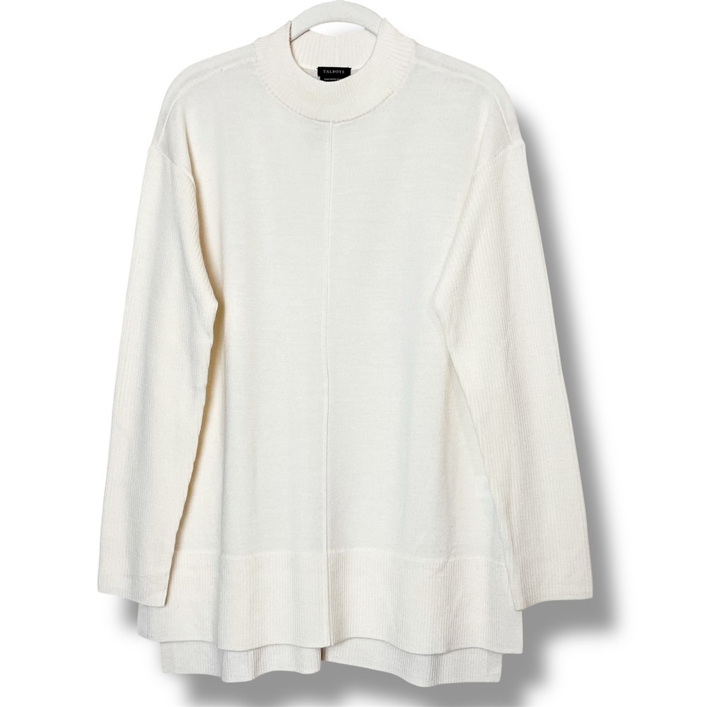 Talbots 100% Merino Wool Mock Neck Sweater Medium ribbed‎ ivory cream boxy